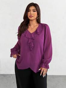 SHEIN Privé Plus Size Women's Solid Color Ruffle Collar Long Sleeve Loose Fashion Blouse - Purple - View 4