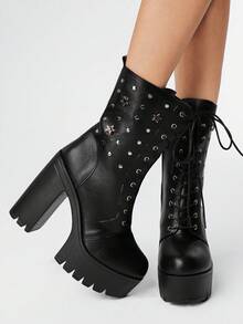 ROMWE Grunge Punk Women's Versatile Commuter Thick High-Heeled Boots - Black - View 1