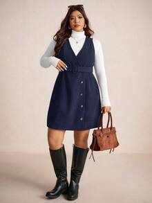 Elaquor Autumn Casual College Style Corduroy Fabric Removable Waistband Pockets Vintage Dress Plus Size Women Overall Brown Fall Dress,Winter Clothes - Navy Blue - View 3