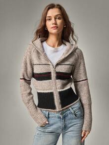 Hanevo Women's Retro Colorblock Striped Hooded Cardigan