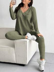 Bộ quần áo thun cổ chữ V kẻ sọc họa tiết thường ngày cỡ lớn dành cho nữ - màu xanh lá - Xem 3