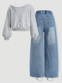 少女两件套，复古美式街头风，Y2K美学，包括一件印有英文数字的宽松灰色卫衣和一条宽松蓝色阔腿牛仔裤，时尚舒适，适合休闲外出、街头摄影、日常休闲和周末活动。 - 淺灰色 - 查看 2