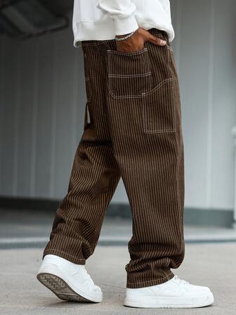 Manfinity Hypemode Men's Casual Vertical Striped Multi-Pocket Cargo Brown Denim Jeans