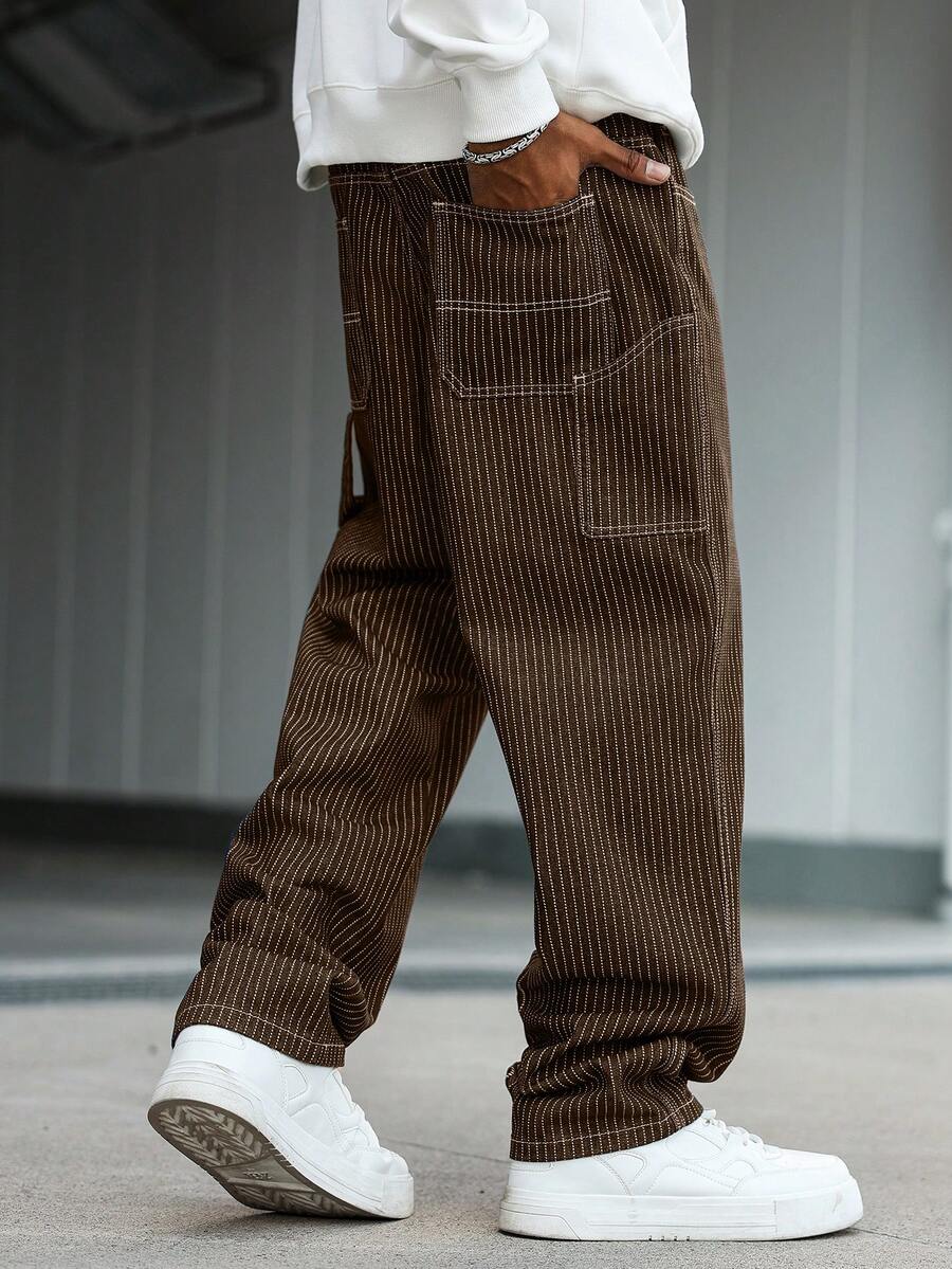 Manfinity Hypemode Men's Casual Vertical Striped Multi-Pocket Cargo Brown Denim Jeans - Brown - View 1