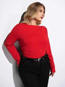 Maija 女式不对称褶皱设计修身长袖上衣，都市通勤商务休闲办公装，优雅适合圣诞派对、新年庆祝，红色衬衫 - 紅色 - 查看 6