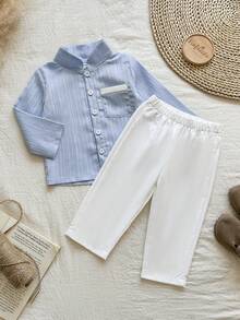 SHEIN Vintaside Kids 这款男婴两件套包括一件蓝色提花立领长袖衬衫和一条白色直筒裤，适合春秋季穿着，可用于日常上学、参加聚会、居家休闲和正式场合。 - 藍色 - 查看 7