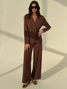 Aloruh Completo da donna composto da blazer aderente minimalista da ufficio/pendolarismo di colore marrone + pantaloni a gamba ampia, set casual per donne - Cachi - Visualizzare 5