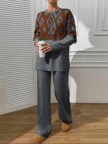 EURMUSE Boho Sweater And Trouser Casual Simple - Grey - View 5