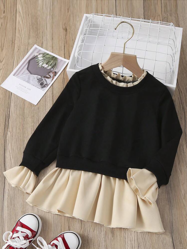 Young Girl Flounce Sleeve 2 In 1 Sweatshirt Dress
