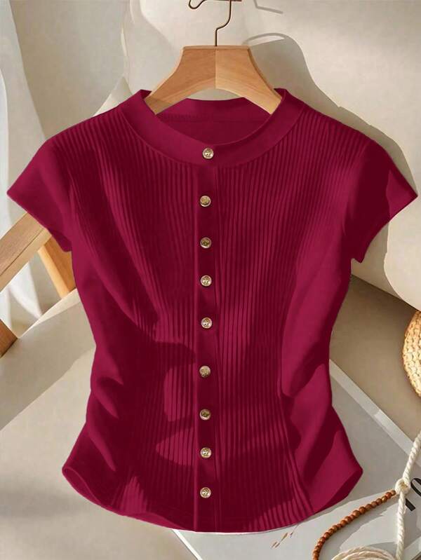 SHEIN LUNE CURVE Plus Size Button Decor Pleated Knit Casual T-Shirt For Women