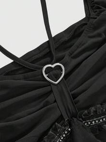 Sweetness Elegante Große Größen Gothic Damen Bluse in Schwarz mit Schnürung, Herz-Strass-Dekor und ärmellos - Schwarz - Übersicht 3
