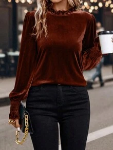 SHEIN LUNE 女士纯色荷叶边圆领长袖时尚衬衫 - 橘色 - 查看 5