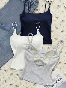 Tseoso Casual Versatile 3 Packs Camisole Tops With Built-In Padded Bra - White, Grey, Royal Blue Ribbed Tank Top Design, Perfect Summer Tops, Suitable For Year-Round Wear. Ideal For Home, Casual Outings, And Sports. Comfortable And Stylish Cami For Layering Or Wearing Alone.,Tank Top - Black - View 2