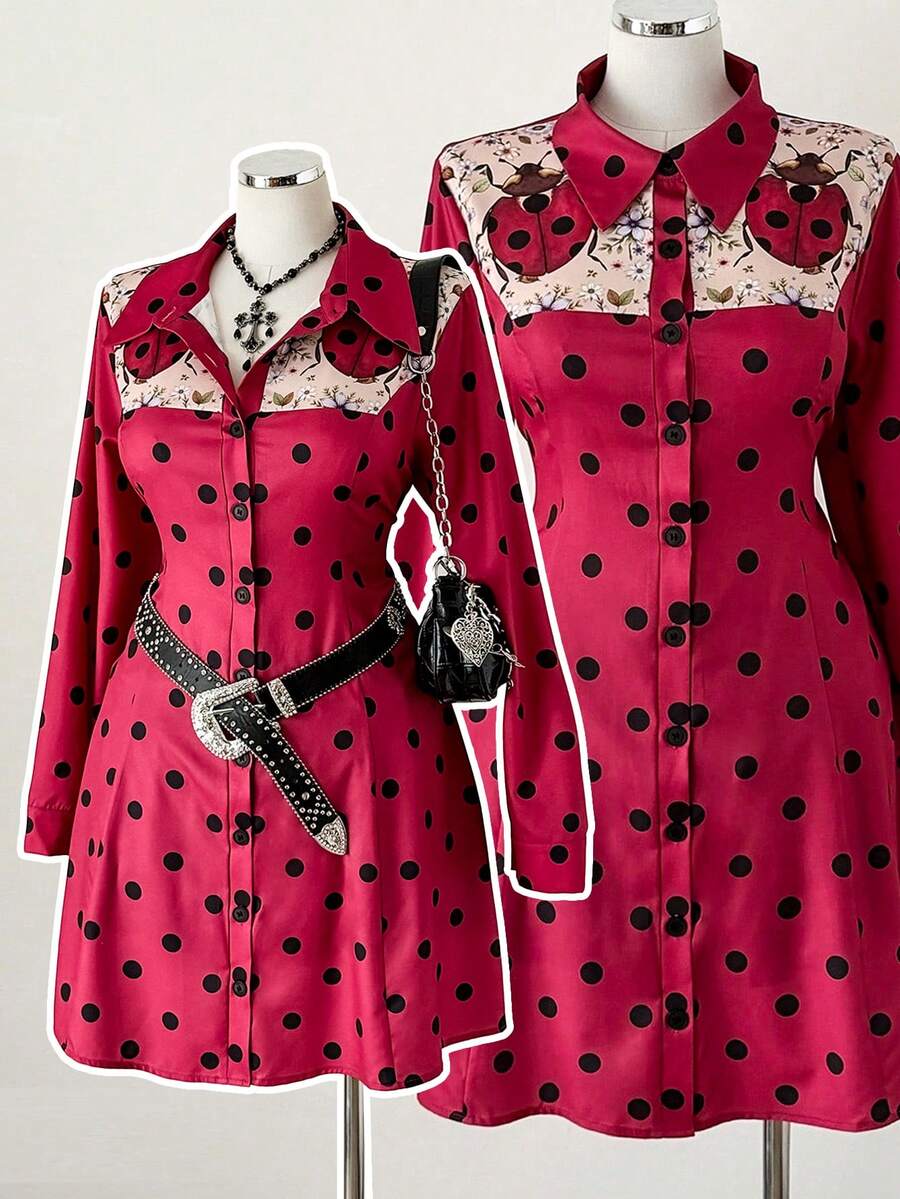 Sunspun 大码女式长袖波点连衣裙，秋冬红色圣诞女式西部连衣裙复古女装波点连衣裙女式复古连衣裙碎花波点连衣裙 - 彩色 - 查看 1