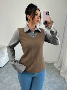 Elenzga Áo thun dài tay kẻ sọc tương phản thường ngày cho nữ, mùa thu - Màu Khaki - Xem 6