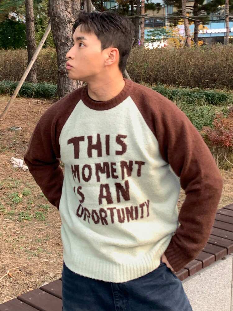 Men's Letter Jacquard Crew Neck Raglan Sleeve Sweater, Multi-Color Options, Suitable For Autumn/Winter