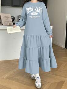 少女休闲宽松圆领落肩保暖内衬褶皱下摆连衣裙，返校季，适合秋冬季节，女童长裙 - 藍色 - 查看 3