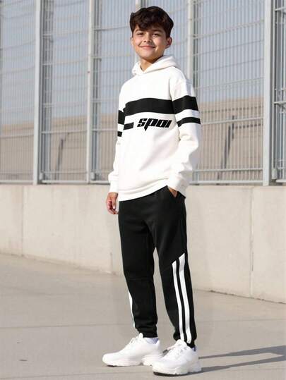 Vacaura 2pcs/Set Teenage Boys' Fashion Hooded Printed Sweatshirt And Striped Patchwork Casual Sports Jogger Pants, Suitable For Spring, Autumn And Winter