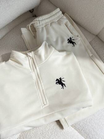 SHEIN Set de 2 piezas de ropa informal para niña preadolescente, sudadera con cremallera de cuello alto de manga larga con ajuste holgado y pantalones anchos de pierna ancha, conjunto de pantalones deportivos para uso diario y entrenamiento