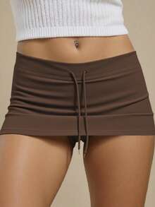INAWLY Women's Drawstring Low Waist Basic Shorts - Brown - View 5