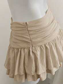 Elamini 米色褶皱高腰低腰双层雪纺半身裙，度假风迷你裙 - 卡其色 - 查看 6