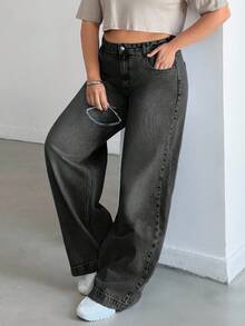 SHEIN Cottnline WOMEN HIGH WAISTWIDELEG CUTLINE PLUS SIZE JEAN - Dark Grey - View 6