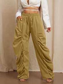 Vixey Ruched Wide Leg Drawstring Waist Woven Casual Office Pants, Business Casual Woman, Brunch