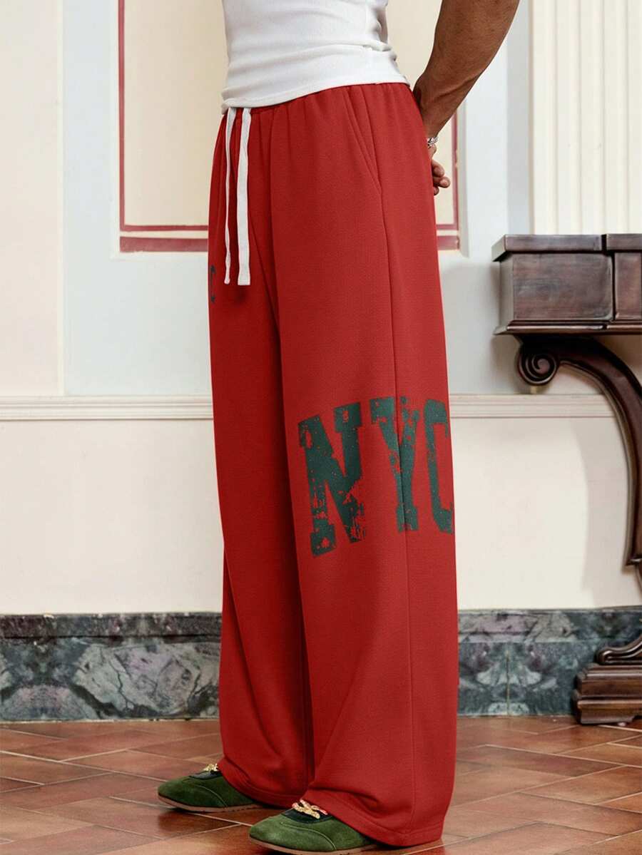 SWAVVY Men's Letter Print Casual Sweatpants - Red - View 1