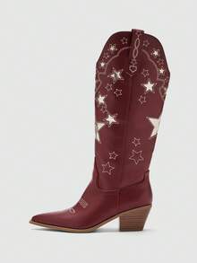 Solezae New Women's Star Cut-Out Vegan Leather Pointed Toe Chunky Heel Slip-On Western Style Chic Cowboy Boots - Burgundy - View 6