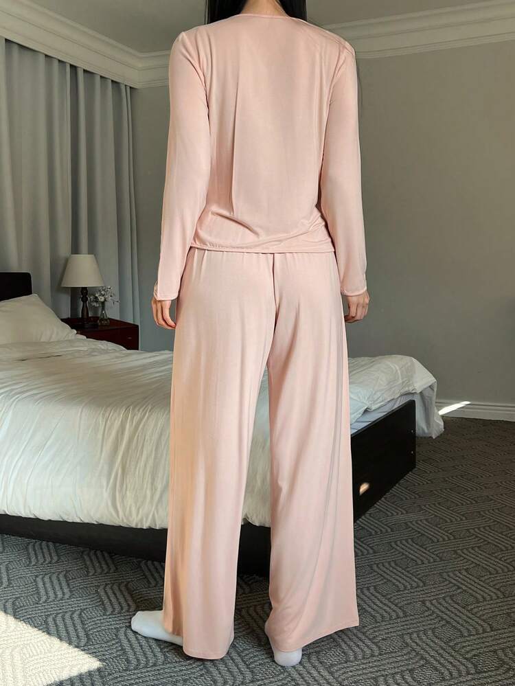 Women's Comfortable Knit 2 In 1 Pleated Design Loungewear Set