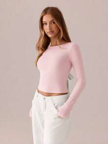 SHEIN SXY 黑色上衣；女士性感撞色系带露背修身T恤，女士圆领长袖纯黑色修身蝴蝶结上衣，适合约会、年轻性感、日常外出、秋季、日常约会旅行穿着；日常外出办公穿着粉色蝴蝶结上衣露背上衣粉白露背衬衫露背上衣 - 粉色 - 查看 5