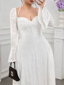 Feyla Plus Size Elegant Party Solid Color Textured Flare Sleeve Dress Lace Dress White Lace Fall - White - View 6