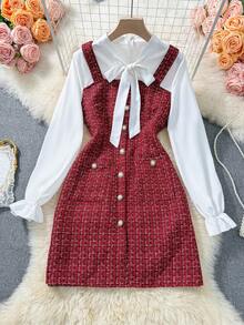 GlowEve 女士连衣裙，别致的白色衬衫搭配迷你粗花呢连衣裙，时尚休闲灵感，完美优雅，适合情人节和新年