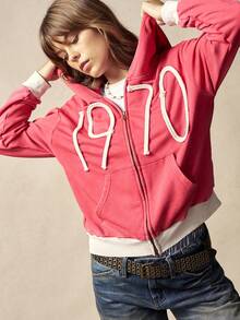 Bohemela Áo hoodie dệt kim họa tiết số chắp vá nhiều màu sắc thông thường dành cho nữ - Màu Đỏ Sâu - Xem 1