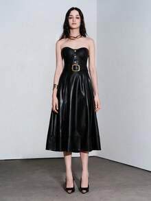 Lumivelle Women's Fashion Solid Color A-Line Metal Belt Slim Fit Strapless Black Party PU Leather Dress - Black - View 6