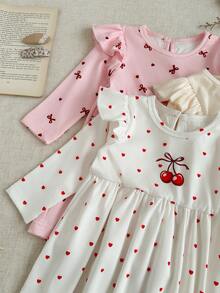 SHEIN 3-Piece Set Baby Girl Winter & Autumn Clothing Back To School Season 3M-3Y Pink White Apricot Cute & Fashionable Love Heart Bow Sweet Heart Letter Print Round Neck Ruffle Elastic Long Sleeve Dress Button Front Comfortable & Soft Daily Wear Suitable For Spring, Autumn & Winter Outdoor Wear Casual Ideal As A Gift - Multicolor - View 3