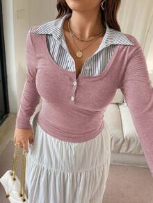 Vionelle 大码女式法式休闲拼接长袖T恤 - 藕粉色 - 查看 7