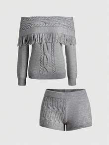 ROMWE Women's Fringe Twisted Off Shoulder Lantern Sleeve Sweater And Super Low-Waist Mini Shorts 2 Pieces Set - Grey - View 1