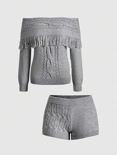 ROMWE Women's Fringe Twisted Off Shoulder Lantern Sleeve Sweater And Super Low-Waist Mini Shorts 2 Pieces Set
