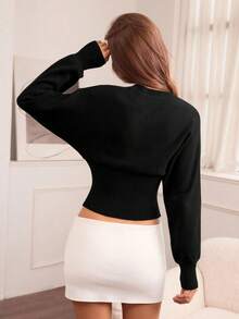 Hanevo Casual Round Neck Drawstring Waist Slim Fit Solid Color Knit Sweater, Versatile For Autumn/Winter - Black - View 2