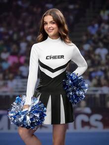 Cheerettes Bộ đồ thể thao dài tay cổ đứng in chữ và quần short cho nữ - Đen và trắng - Xem 3