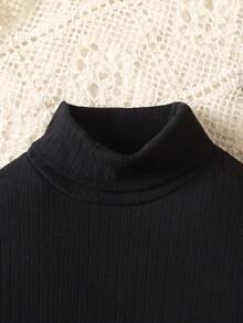 少女修身休闲简约舒适高领毛衣和格子迷你裙套装 - 黑色 - 查看 5