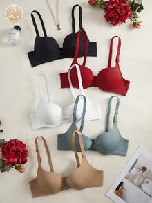 5件装女士休闲纯色可拆卸肩带柔软蝴蝶结罩杯钢圈支撑内衣文胸