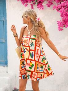 Vivid Eden 女士海鲜印花无袖连衣裙 - 紅色 - 查看 4