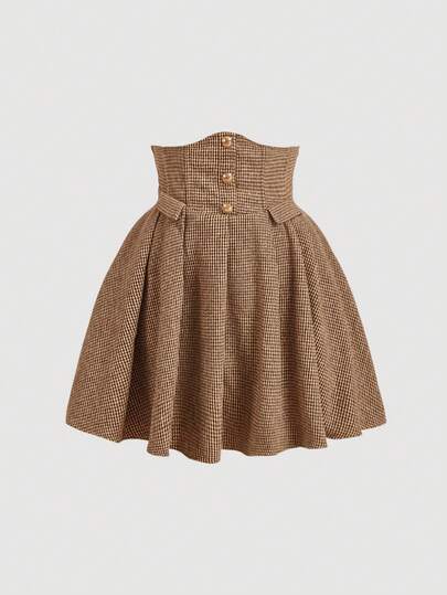 SHEIN MOD Plus Size Sweet Romantic Waistband Flared Houndstooth A-Line Skirt