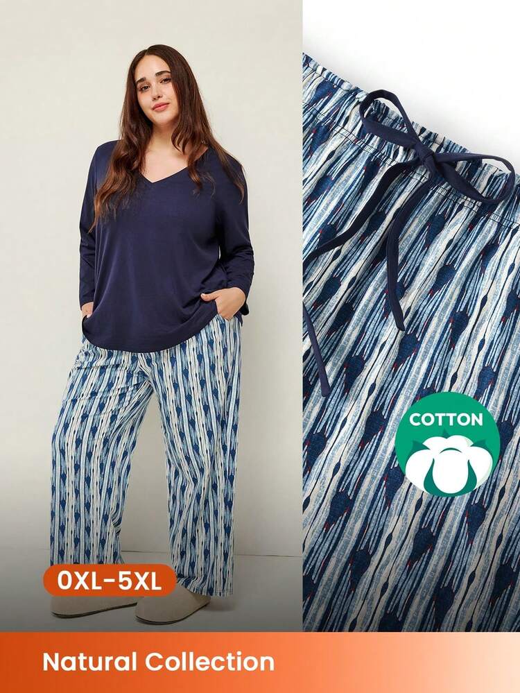 Damen Plus Lila Weiche Baumwolle Basis Lange T-Shirt & Gemusterte Hose Loungewear Pyjama Set für Damen Hose mit Taschen Lingerie als Oberbekleidung Lounge Sets Baumwolle Pyjamas