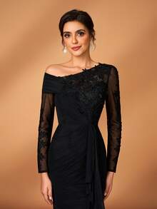 Serin Elegant Lyxig Svart Broderad Paljett Diamant Spets Applikation Transparent Ärm Skarv Elastisk Stickad Ryggad Volang Sjöjungfruklänning, Lämplig För Bröllop, Fest, Semester, Bal, Brudens Mors Aftonklänning - Svart - Visa 3