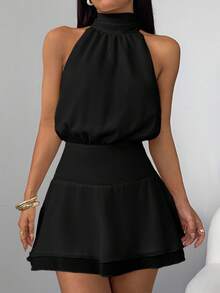 SHEIN PETITE Váy voan nhún eo cổ yếm gợi cảm và thanh lịch dành cho nữ - màu đen - Xem 3