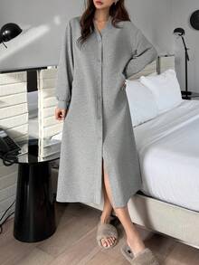 DAZY 女士纯色针织睡袍，秋冬季休闲家居服 - 灰色 - 查看 5