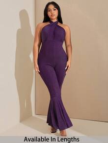 SHEIN Tall CURVE Bộ đồ liền thân hở vai lấp lánh dự tiệc cỡ lớn dành cho nữ - Màu tím - Xem 1